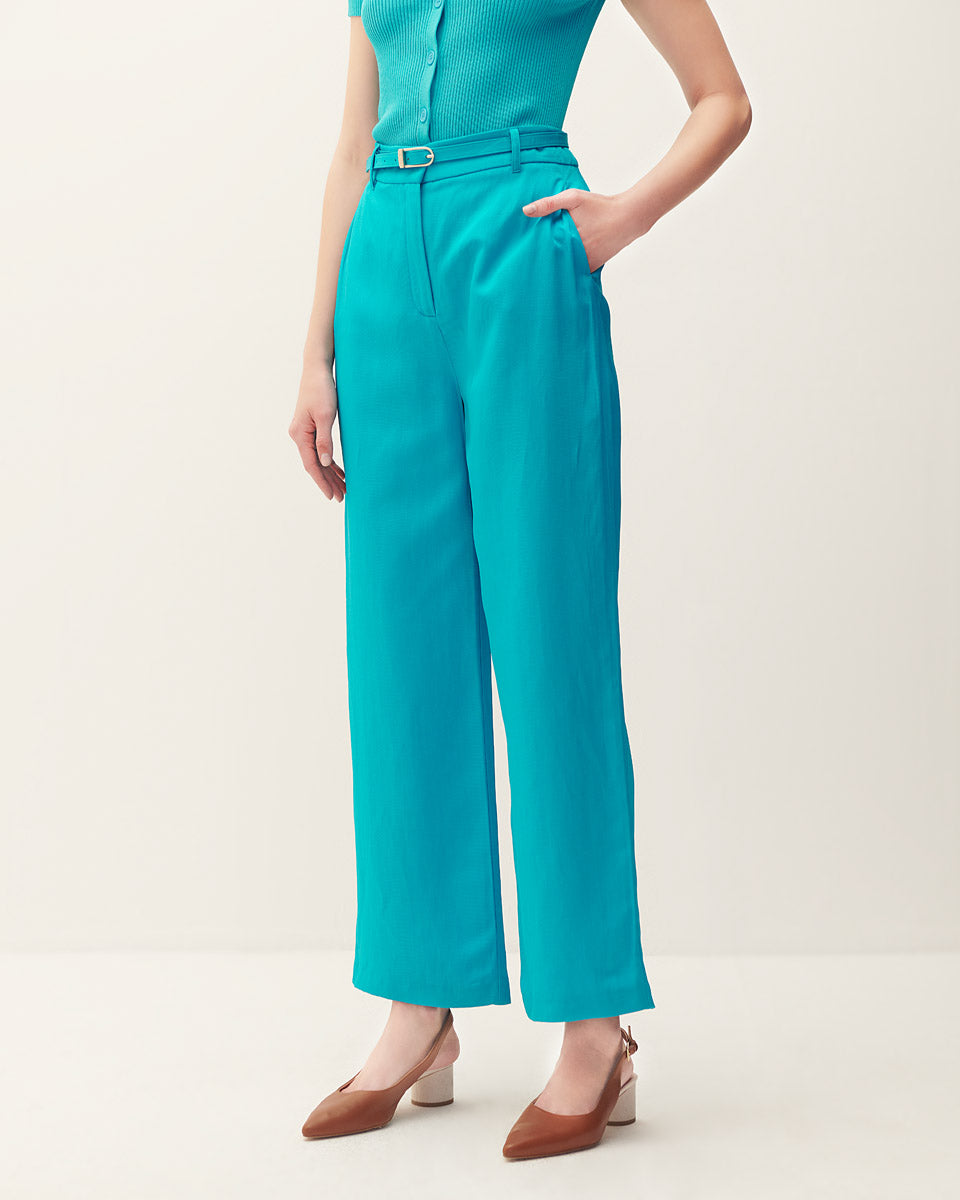 Pantalón Recto Fluido Tiro Alto De Lino Turquesa Con Cinturón