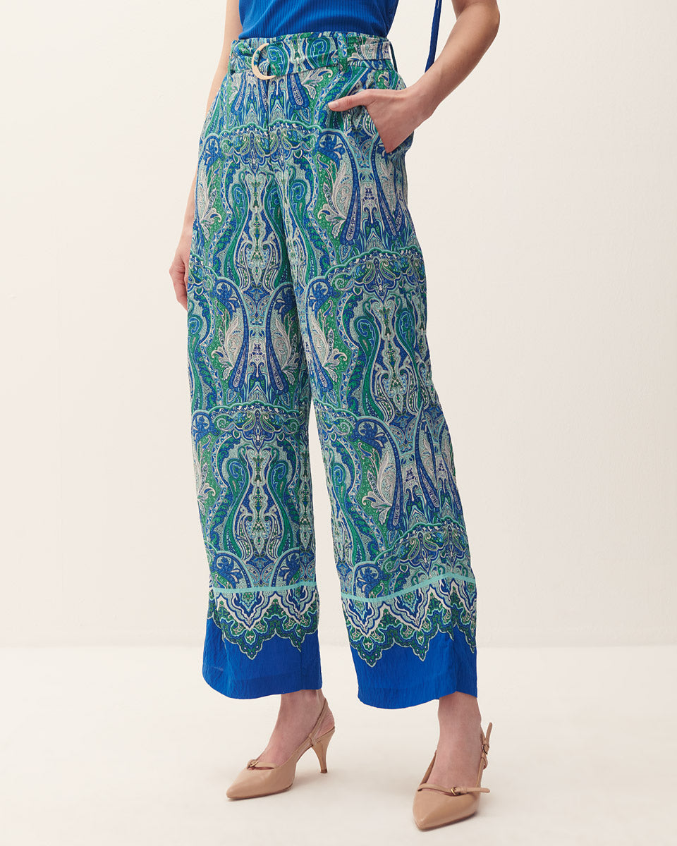 Pantalón Palazzo Tiro Alto Estampado Étnico Efecto Corrugado