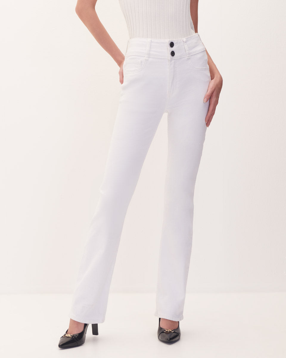 Jeans Acampanados Tiro Medio Doble Pretina Blancos