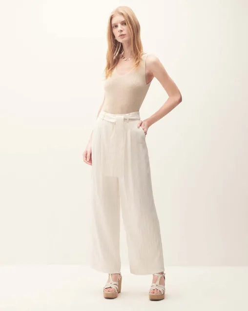 Pantalón Palazzo Tiro Alto A Rayas Corrugado Con Banda