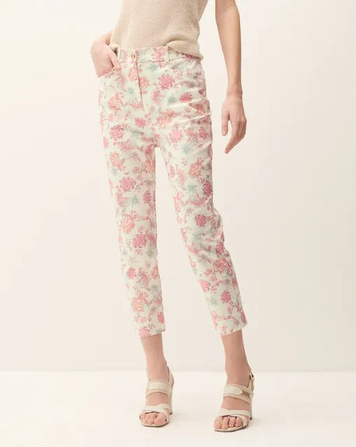 Pantalón Recto Tiro Alto Estampado Floral Con Stretch
