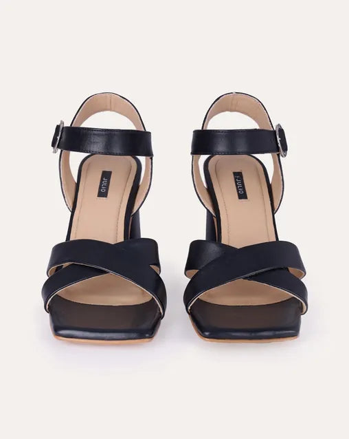 Sandalias De Piel Negras Punta Cuadrada Tacón Cono
