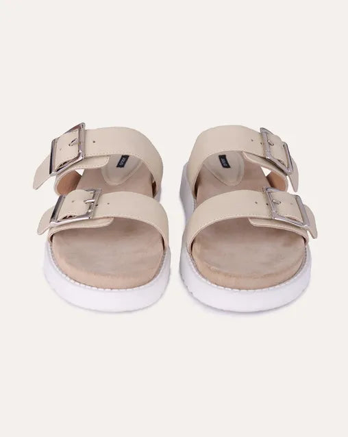 Sandalias De Piso De Piel Granulada Doble Hebilla Beige