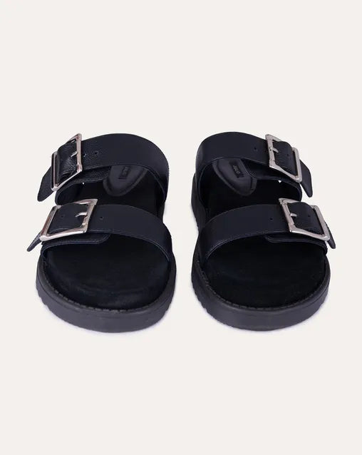 Sandalias De Piso De Piel Granulada Doble Hebilla Negras
